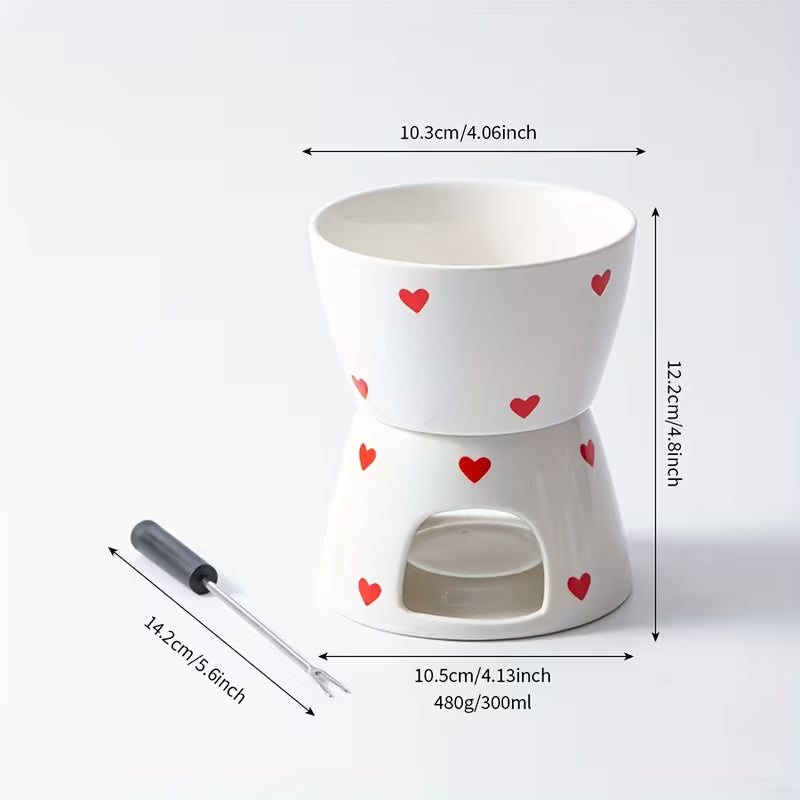 Heart Print Ceramic Fondue Set