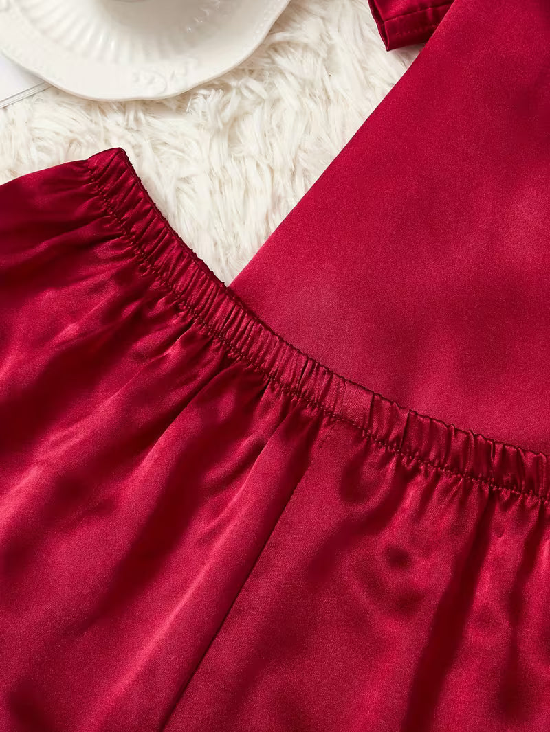 Heart Embroidery Satin Pajama Set