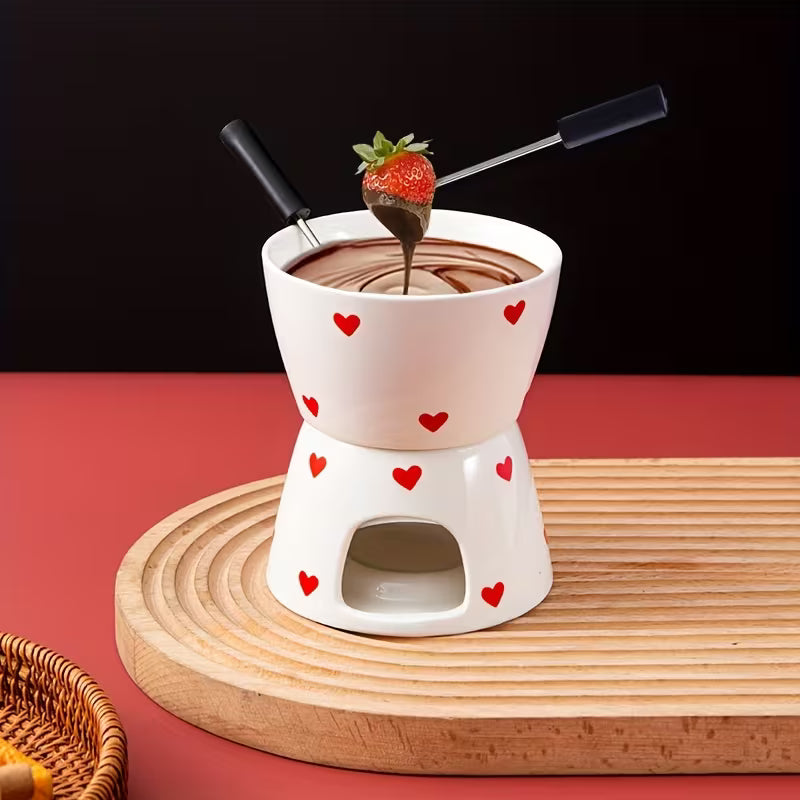 Heart Print Ceramic Fondue Set