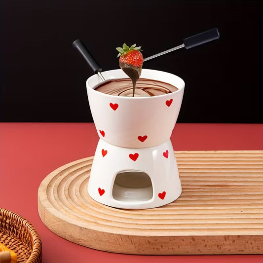 Heart Print Ceramic Fondue Set