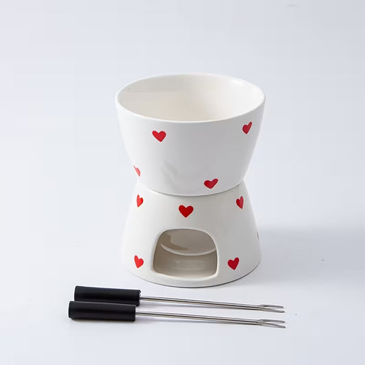 Heart Print Ceramic Fondue Set