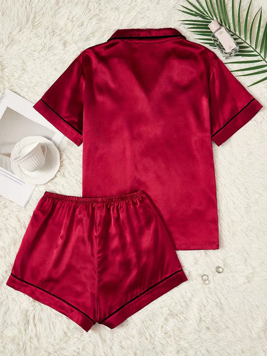 Heart Embroidery Satin Pajama Set