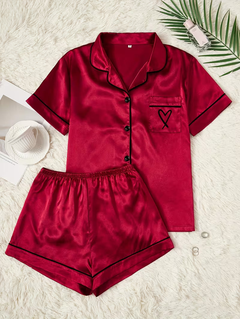 Heart Embroidery Satin Pajama Set
