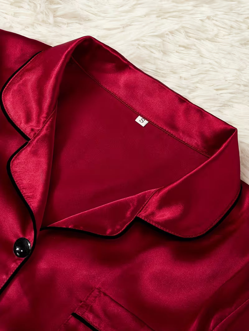 Heart Embroidery Satin Pajama Set